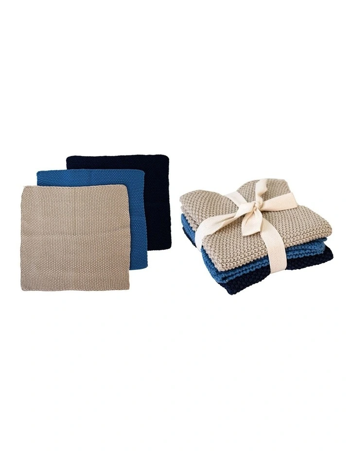 Knitted Dishcloths 3 Pack Blue 4 Knitted Dishcloths 3 Pack Blue - Image 2